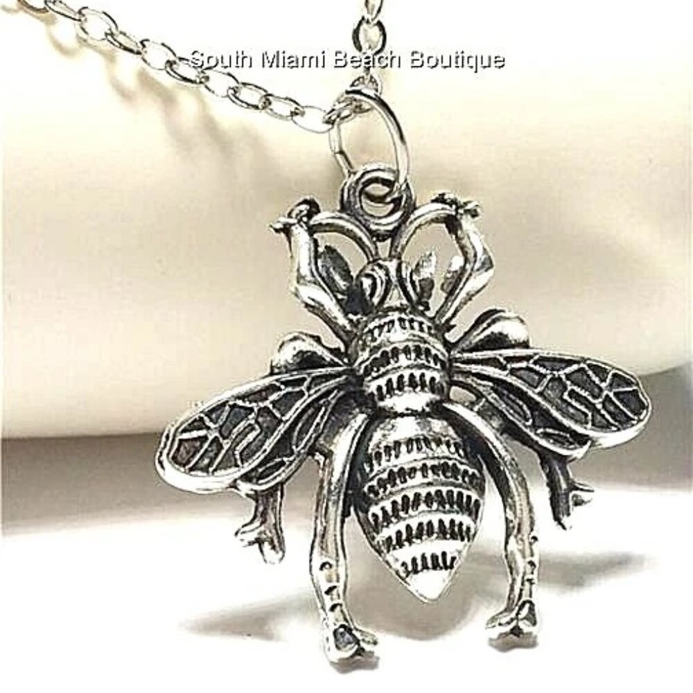 Silver Bumble Bee Necklace 18" Insect Queen Bea Burnished Plated Statement